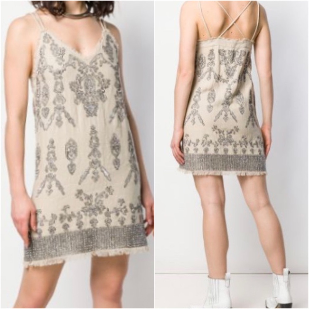 “TWINSET” linen & crystal beaded mini dress
